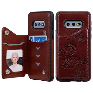 huismerk Voor Galaxy S10E Butterfly Embossing Pattern Shockproof Protective Case met Holder & Card Slots & Photo Frame(Brown)