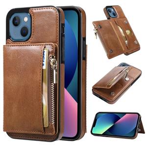 huismerk Zipper Wallet Bag PU Back Cover Shockrpoof Phone Case with Holder & Card Slots & Wallet For iPhone 13 mini(Brown)