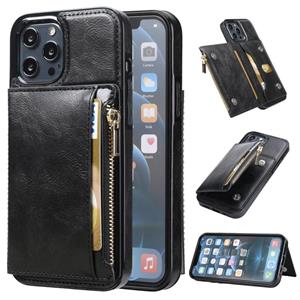 huismerk Zipper Wallet Bag PU Back Cover Shockrpoof Phone Case with Holder & Card Slots & Wallet For iPhone 13 Pro(Black)