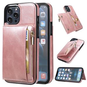 huismerk Zipper Wallet Bag PU Back Cover Shockrpoof Phone Case with Holder & Card Slots & Wallet For iPhone 13 Pro(Pink)