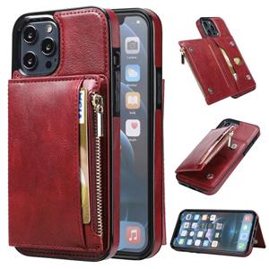 huismerk Zipper Wallet Bag PU Back Cover Shockrpoof Phone Case with Holder & Card Slots & Wallet For iPhone 13 Pro(Red)