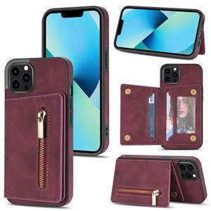 huismerk Rits kaarthouder telefoonhoesje voor iPhone 13 Pro (Wine Red)