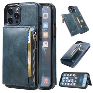 huismerk Zipper Wallet Bag PU Back Cover Shockrpoof Phone Case with Holder & Card Slots & Wallet For iPhone 13 Pro(Blue)