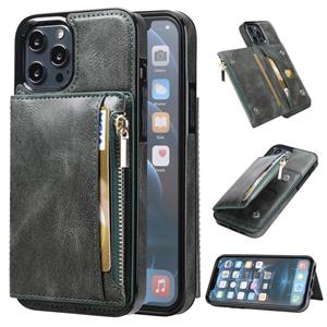 huismerk Zipper Wallet Bag PU Back Cover ShockRPoof Telefoonhoesje Met Houder & Kaart Slots & Portemonnee voor iPhone 13 Pro (Groen)