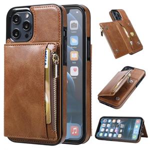 huismerk Zipper Wallet Bag PU Back Cover Shockrpoof Phone Case with Holder & Card Slots & Wallet For iPhone 13 Pro(Brown)