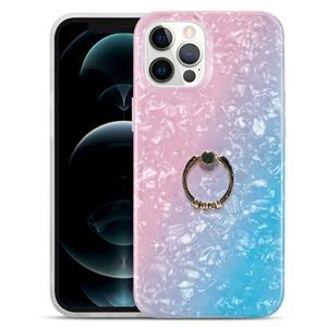 huismerk Gradiënt kleur shell textuur IMD TPU schokbestendig geval met ring houder voor iPhone 13 (gradiënt roze blauw)