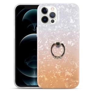 huismerk Gradiënt kleur shell textuur IMD TPU schokbestendig geval met ring houder voor iPhone 13 (gradiënt wit oranje)