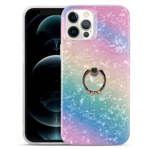 huismerk Gradiënt kleur shell textuur IMD TPU schokbestendig geval met ring houder voor iPhone 13 Pro (gradient regenboog)