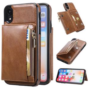 huismerk Zipper Wallet Bag PU Back Cover Shockrpoof Phone Case with Holder & Card Slots & Wallet For iPhone XR(Brown)