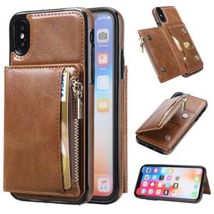 huismerk Zipper Wallet Bag PU Back Cover Shockrpoof Phone Case with Holder & Card Slots & Wallet For iPhone XS Max(Brown)