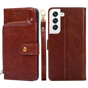 huismerk Voor Samsung Galaxy S22 + 5G Zipper Bag PU + TPU Horizontale Flip Lederen Case met Houder & Card Slot & Portemonnee & Lanyard (Brown)