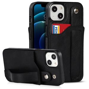 huismerk Crazy Horse Texture Shockproof TPU + PU Leather Case with Card Slot & Wrist Strap Holder For iPhone 13 mini(Black)