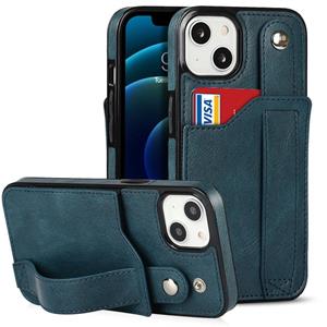 huismerk Crazy Horse Texture Shockproof TPU + PU Leather Case with Card Slot & Wrist Strap Holder For iPhone 13 mini(Sapphire Blue)