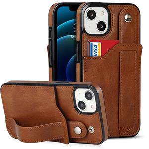 huismerk Crazy Horse Texture Shockproof TPU + PU lederen hoesje met kaartsleuf en polsbandhouder voor iPhone 13 mini (bruin)