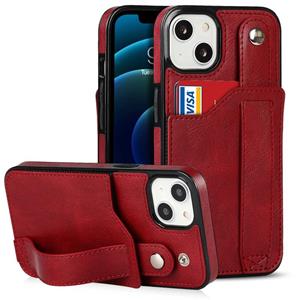 huismerk Crazy Horse Texture Shockproof TPU + PU Leather Case with Card Slot & Wrist Strap Holder For iPhone 13(Red)