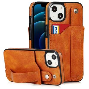 huismerk Crazy Horse Texture Shockproof TPU + PU Leather Case with Card Slot & Wrist Strap Holder For iPhone 13(Yellow)