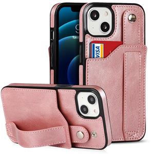 huismerk Crazy Horse Texture Schokbestendig TPU + PU lederen hoesje met kaartsleuf en polsbandhouder voor iPhone 13 (roségoud)