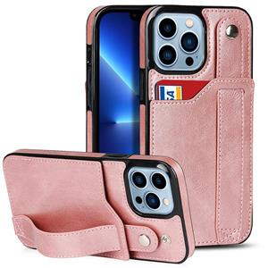 huismerk Crazy Horse Texture Shockproof TPU + PU Leather Case with Card Slot & Wrist Strap Holder For iPhone 13 Pro(Rose Gold)