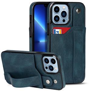 huismerk Crazy Horse Texture Shockproof TPU + PU Leather Case with Card Slot & Wrist Strap Holder For iPhone 13 Pro(Sapphire Blue)