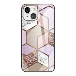 huismerk Abstract marmeren patroon glazen beschermhoes voor iPhone 13 (Rhombus oranje paars)