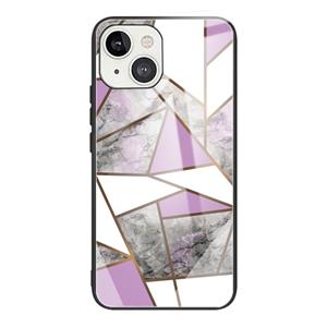 huismerk Abstract marmeren patroon glas beschermhoes voor iPhone 13 (Rhombus grijs paars)