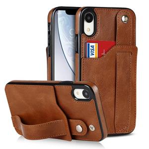 huismerk Crazy Horse Texture Shockproof TPU + PU Leather Case with Card Slot & Wrist Strap Holder For iPhone XR(Brown)