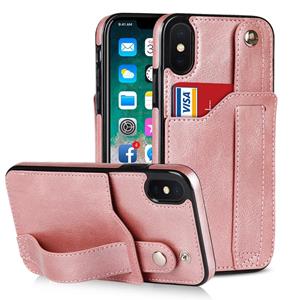 huismerk Crazy Horse Texture Schokbestendig TPU + PU lederen hoesje met kaartsleuf en polsbandhouder voor iPhone XS Max (roségoud)