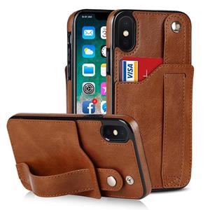 huismerk Crazy Horse Texture Shockproof TPU + PU Leather Case with Card Slot & Wrist Strap Holder For iPhone XS Max(Brown)