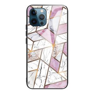 huismerk Abstract marmeren patroon glas beschermhoes voor iphone 13 pro (rhombus wit paars)