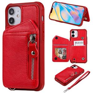 huismerk Rits Dubbele gesp schokbestendige beschermhoes met stand & fotohouder & portemonneefunctie voor iPhone 12 mini(Rood)