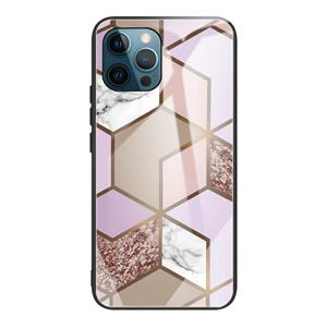 huismerk Abstract Marmeren Patroon Glas Beschermend geval voor iPhone 13 Pro (Rhombus Oranje Paars)