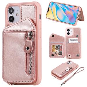 huismerk Rits Dubbele gesp Schokbestendige beschermhoes met stand & fotohouder & portemonneefunctie voor iPhone 12 mini(Rose Gold)