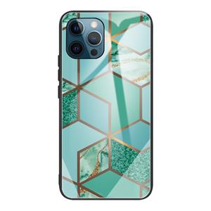 huismerk Abstract Marmeren Patroon Glas Beschermende Case voor iPhone 13 Pro (Rhombus Green)