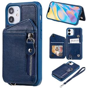 huismerk Rits Dubbele gesp schokbestendige beschermhoes met stand & fotohouder & portemonneefunctie voor iPhone 12 mini(Blauw)