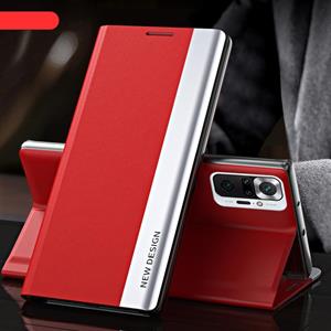 huismerk Voor Xiaomi Redmi Note 10 Pro / Note 10 Pro Max Side Gegalvaniseerde magnetische ultradunne horizontale flip lederen behuizing met houder (rood)