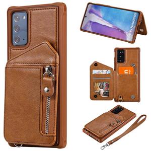 huismerk For Samsung Galaxy Note20 Zipper Double Buckle Shockproof Protective Case with Stand & Photo Holder & Wallet Function(Brown)