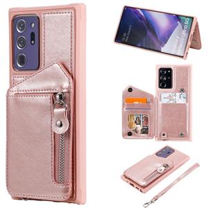 huismerk For Samsung Galaxy Note20 Ultra Zipper Double Buckle Shockproof Protective Case with Stand & Photo Holder & Wallet Function(Rose Gold)