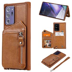 huismerk For Samsung Galaxy Note20 Ultra Zipper Double Buckle Shockproof Protective Case with Stand & Photo Holder & Wallet Function(Brown)