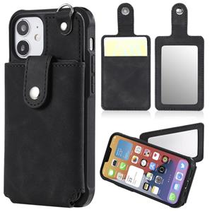 huismerk Schokbestendige beschermhoes met Mirror & Card Slot & Short Lanyard Voor iPhone 12 mini(Zwart)