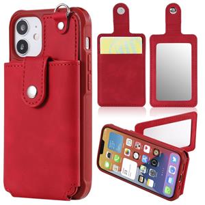 huismerk Schokbestendige beschermhoes met Mirror & Card Slot & Short Lanyard Voor iPhone 12 mini(Rood)