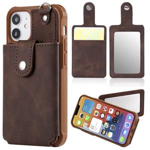 huismerk Schokbestendige beschermhoes met Mirror & Card Slot & Short Lanyard Voor iPhone 12 mini(Koffie)