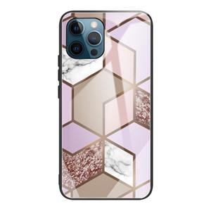 huismerk Abstract Marmeren Patroon Glas beschermhoes voor iPhone 13 Pro Max (Rhombus Oranje Paars)