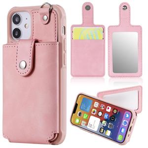 huismerk Schokbestendige beschermhoes met Mirror & Card Slot & Short Lanyard Voor iPhone 12 mini(Pink)