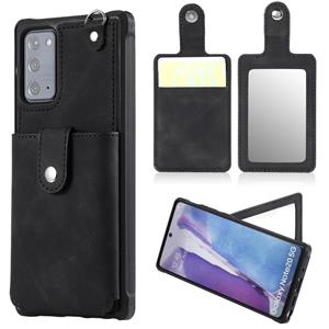 huismerk Voor Samsung Galaxy Note20 Schokbestendige beschermhoes met Mirror & Card Slot & Short Lanyard(Zwart)