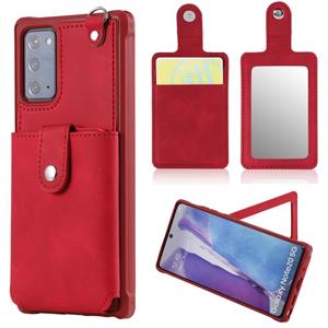 huismerk Voor Samsung Galaxy Note20 Schokbestendige beschermhoes met Mirror & Card Slot & Short Lanyard(Red)