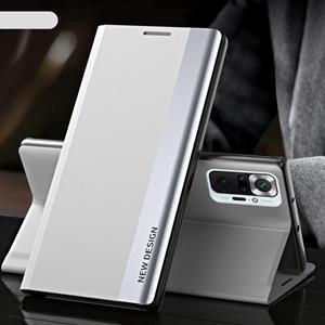 huismerk Voor Xiaomi Redmi Note 10 5G / Poco M3 Pro Side Gegalvaniseerde magnetische ultradunne horizontale flip lederen behuizing met houder (zilver)