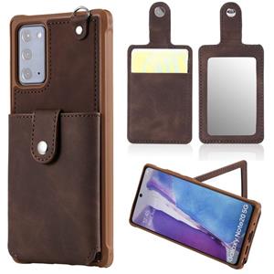 huismerk Voor Samsung Galaxy Note20 Schokbestendige beschermhoes met Mirror & Card Slot & Short Lanyard(Koffie)