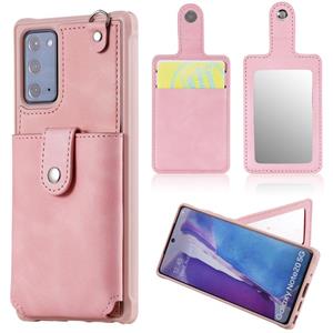 huismerk Voor Samsung Galaxy Note20 Schokbestendige beschermhoes met Mirror & Card Slot & Short Lanyard(Pink)