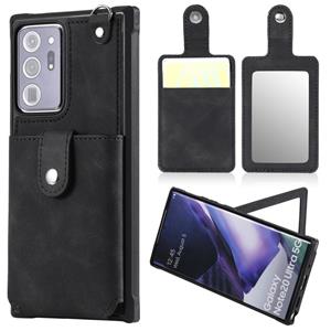 huismerk Voor Samsung Galaxy Note20 Ultra Schokbestendige beschermhoes met Mirror & Card Slot & Short Lanyard(Zwart)