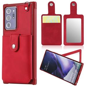 huismerk Voor Samsung Galaxy Note20 Ultra Schokbestendige beschermhoes met Mirror & Card Slot & Short Lanyard(Red)